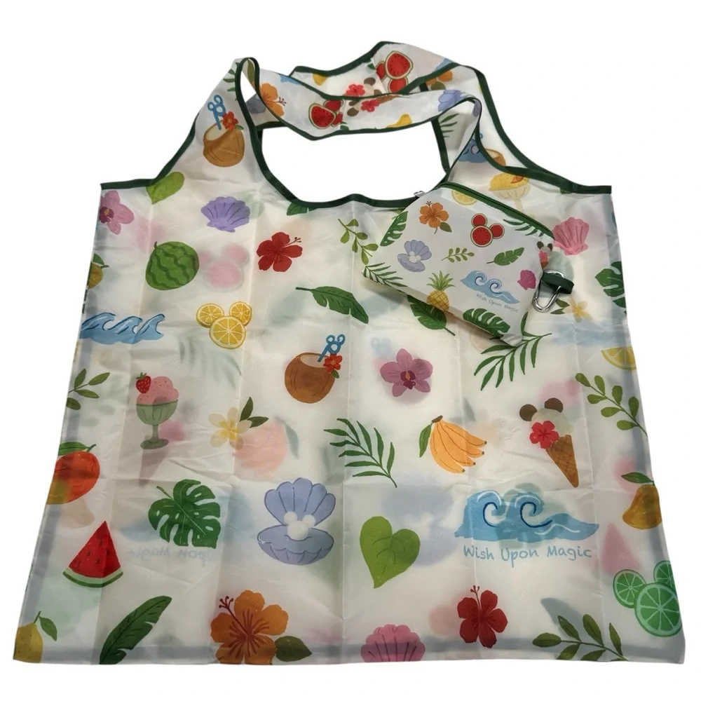 Reusable Packable Tote Bag In Pouch Seashells Palm Leaves Flowers Travel